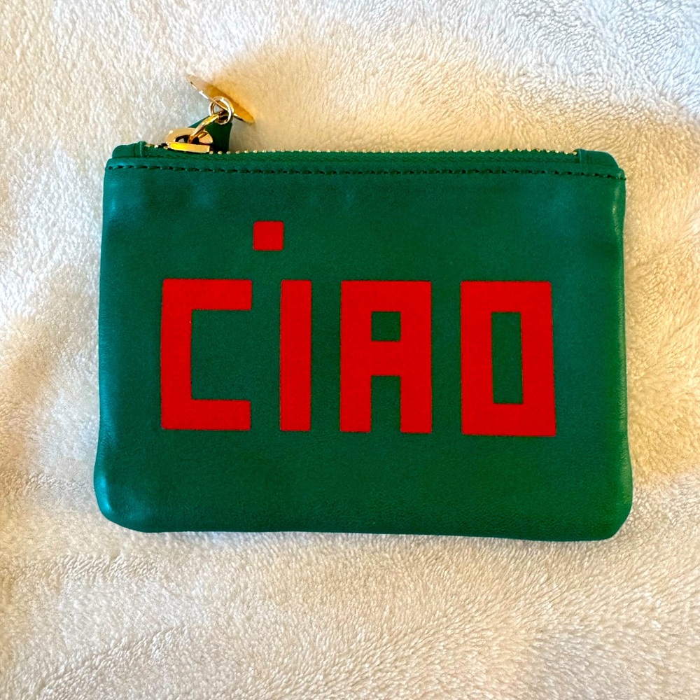 NWOT Clare V Ciao Coin Clutch - green with red lettering